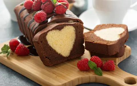 Schokoladen-Kastenkuchen mit einem hellen Herz im Inneren, garniert mit frischen Himbeeren und Schokoladensauce.