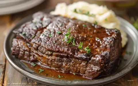Un plat de jarret de boeuf braisé, tendre et savoureux, servi avec une purée de pommes de terre crémeuse et garni de thym frais.