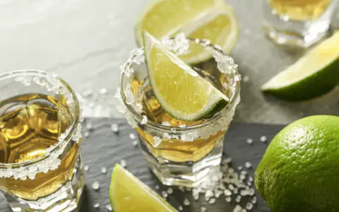 Jak pić tequilę gold? Kieliszki z solą i limonką, gotowe do degustacji.