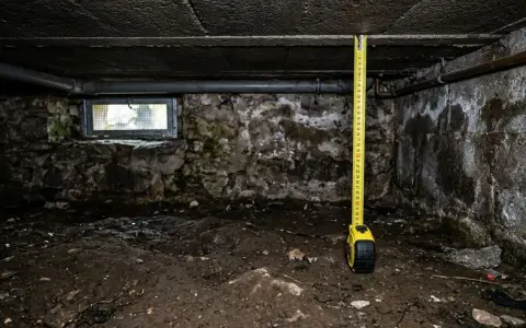 Mètre-ruban dans un vide sanitaire sombre, mesurant la hauteur sous le plafond en béton. Murs de pierre humides et sol terreux.