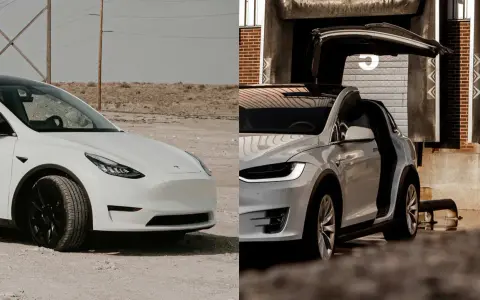 Dwa białe Tesle: Model Y z przodu i Model X z otwartymi drzwiami.