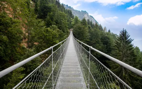 Un lungo ponte tibetano originale attraversa una foresta lussureggiante, con montagne sullo sfondo.
