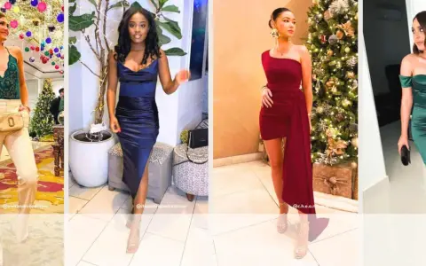 Four women showcase festive outfits, perfect for a Christmas party dress code. From elegant gowns to chic separates, they embody holiday glamour.