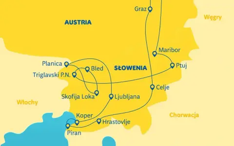 Mapa Słowenii z zaznaczonymi miastami: Bled, Lublana, Piran. Trasa prowadzi przez Austrię, Włochy i w kierunku Chorwacji.