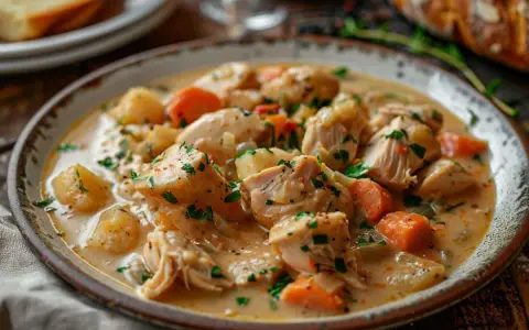 Une assiette de blanquette de dinde crémeuse avec des morceaux de dinde, des carottes et des pommes de terre, garnie de persil frais.