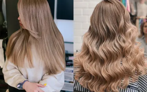 Dwie kobiety prezentują modne kolory włosów: jeden prosty, beżowy blond, drugi falowany, z subtelnymi refleksami.