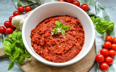 Hausgemachte Pizza Sauce wie in der Pizzeria, mit frischen Tomaten, Knoblauch und Basilikum.
