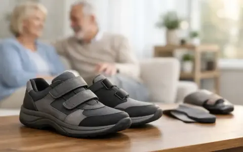 Scarpe comode con velcro, ideali per chi soffre di consumo scarpe tallone esterno. Coppia anziana sullo sfondo.