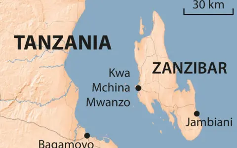 Mapa pokazuje, że Zanzibar leży na Oceanie Indyjskim, przy wybrzeżu Tanzanii.