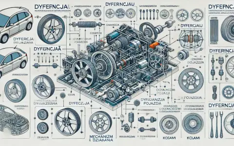 Ilustracja techniczna przedstawiająca schemat budowy dyferencjału z elementami samochodowymi i kołami.