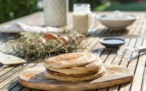 Tortitas de avena recién hechas, apiladas en una tabla de madera. Ingredientes como huevos y leche sugieren un desayuno casero.
