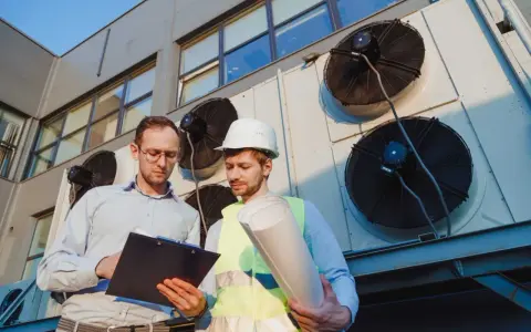 Dwóch inżynierów analizuje dokumentację techniczną przy wielkich wentylatorach. To ich świadectwo ATP, że wszystko działa poprawnie.
