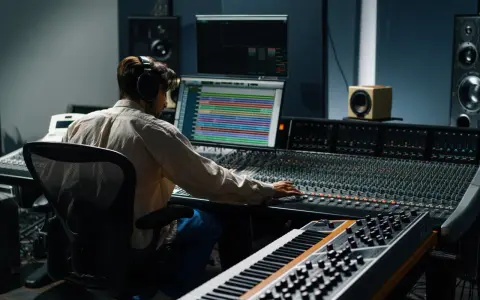 Ingénieur du son aux commandes d'une console, peut-être analogique ou numérique, dans un studio d'enregistrement.