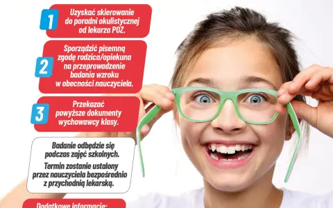 Uśmiechnięta dziewczynka w okularach zachęca do przesiewowego badania wzroku. Dowiedz się, jak wziąć udział!