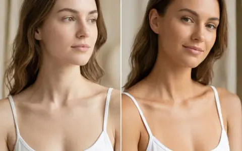 Comparación de piel: antes y después de un bronceado. La piel naranja de la cara se ve más radiante y saludable.