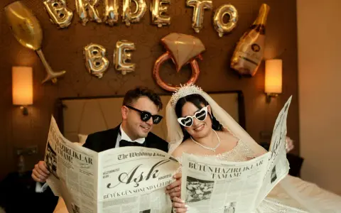 Para młoda czyta gazetę "The Wedding Post" z nagłówkami "Miłość" i "Wszystkie przygotowania zakończone!". Ile pieśni na ślub? Tego nie wiemy, ale na pewno będzie pięknie!