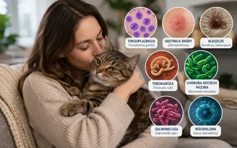 Kobieta tuli kota, a obok grafiki ilustrujące, jakie choroby przenoszą koty: toksoplazmoza, grzybica, kleszcze, tokokaroza, choroba kociego pazura, salmonella, wścieklizna.