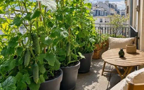 Des concombres en pot poussent sur un balcon parisien, prêts à être récoltés. Une table en bois et des coussins invitent à la détente.