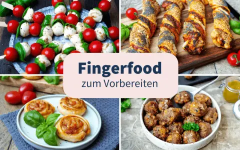 Vier Collagen zeigen Fingerfood: Caprese-Spieße, herzhafte Teigschnecken, Hackbällchen und Blätterteigstangen. Perfekt für kalte Gerichte zum Vorbereiten!