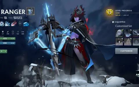 Drow Ranger z arcaną, lodowym łukiem i zimową zbroją. Postać w grze Dota 2.