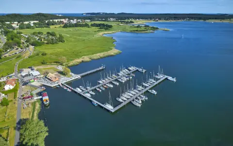 Der Hafen Sellin ist voller Segelboote, die auf dem ruhigen Wasser liegen. Im Hintergrund erstreckt sich eine grüne Landschaft mit Häusern und Bäumen.