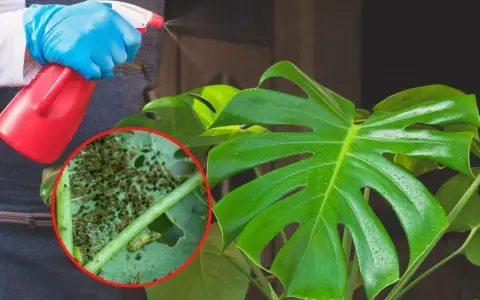 Osoba w niebieskich rękawiczkach opryskuje monstera, na której liściach widać skupiska wciornastków.