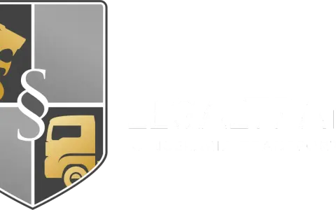 Logo z lwem, paragrafem i ciężarówką. Napis "LEGALTRANS KANCELARIA TRANSPORTOWA".