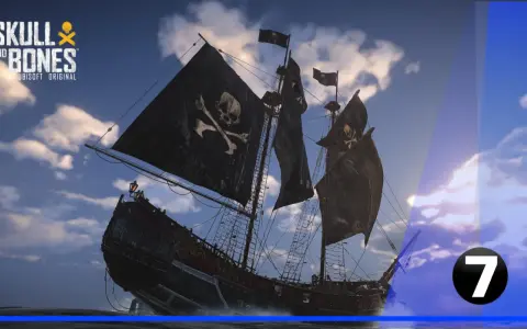 Żaglowiec z czarnymi żaglami i symbolem czaszki i skrzyżowanych kości, gotowy do walki w grze Skull and Bones.