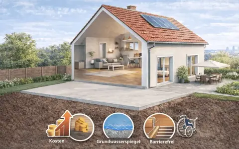 Ein Haus ohne Keller mit moderner Einrichtung, Solaranlage und Terrasse. Unten: Symbole für Kosten, Grundwasserspiegel und Barrierefreiheit.