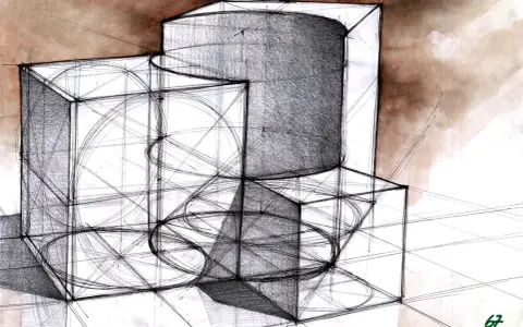 Szkic geometrycznych brył, ćwiczenie z perspektywy, idealne do nauki architektury studia online.