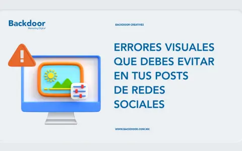 Icono de advertencia y pantalla de ordenador con paisaje, junto a texto sobre errores visuales en posts. Imágenes sin copy right.