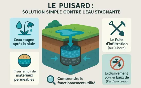 Schéma expliquant le fonctionnement d'un puisard pour le traitement de l'eau de puits. Il montre l'infiltration de l'eau stagnante dans le sol via un puits d'infiltration.