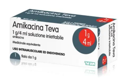Scatola di Amikacina Teva 1g/4ml, soluzione iniettabile. Informazioni su amikacina effetti collaterali sono nel foglietto illustrativo.