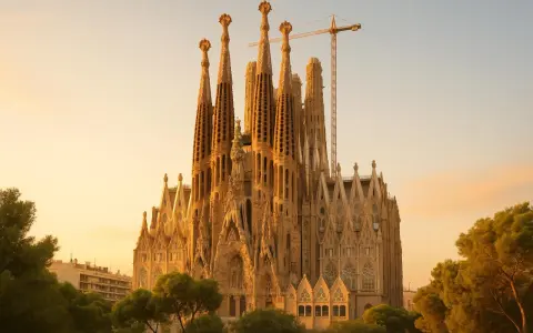 Sagrada Familia w Barcelonie, wciąż w budowie, góruje nad drzewami w złotym świetle zachodzącego słońca. Dźwig budowlany przypomina o trwającym dziele.
