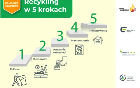 Kampania #Badzeko pokazuje recykling w 5 krokach: zbiórka, demontaż, usuwanie substancji, przetwarzanie i rekultywacja.
