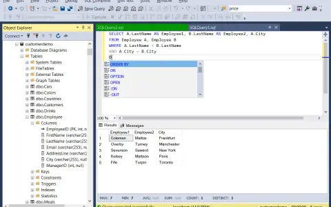 SQL zapytanie z użyciem self join, aby znaleźć pracowników z tego samego miasta. Wyniki pokazują pary pracowników i ich miasto.