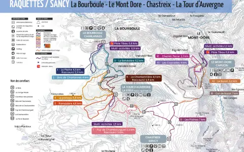 Carte des sentiers de raquettes au Mont Dore. Itinéraires balisés pour explorer la région.