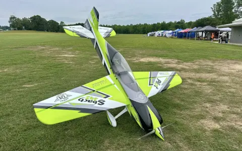 Ein ramy rc-Flugzeug mit auffälligem Design steht auf einer grünen Wiese. Im Hintergrund Zelte und Bäume.