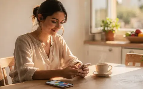 Mujer sonríe usando su móvil, con una taza de café y un gráfico en pantalla. Ideal para un programa para hacer presupuestos gratis.