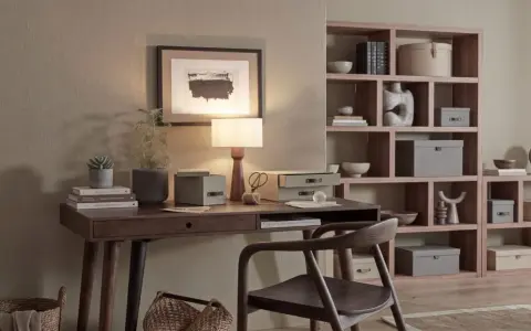 Elegancka organizacja biurka: lampa, rośliny, książki i pudełka do przechowywania tworzą harmonijną przestrzeń do pracy.