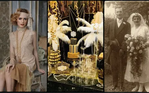 Eleganckie lata 20. stylizacje: kobieta w sukni z pereł, złoty tort i para młoda na ślubnym zdjęciu.