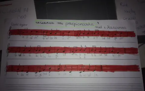 Nuty piosenki "Uciekła mi przepióreczka", melodia z Mazowsza, zapisane ręcznie.