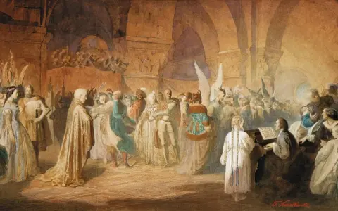 Uroczysta sala, gdzie gra fortepian Chopina, a goście w strojach z epoki bawią się i tańczą.
