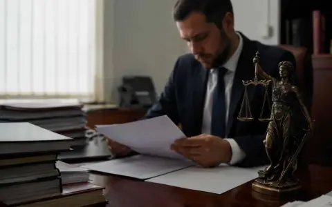 Prawnik analizuje dokumenty, rozważając przedawnienie długu. Obok stoi Temida.