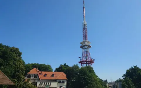 Wieża widokowa na górze Ślęża góruje nad budynkiem schroniska i zielonymi drzewami.