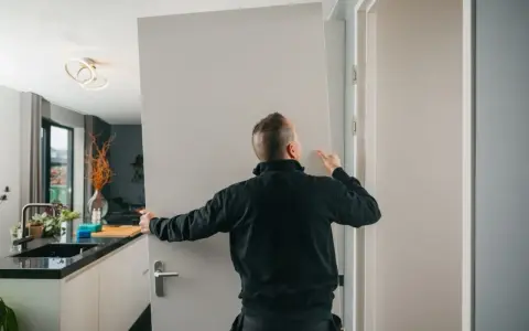 Pracownik montuje drzwi, tworząc wykucie otworu na drzwi w nowoczesnym wnętrzu.