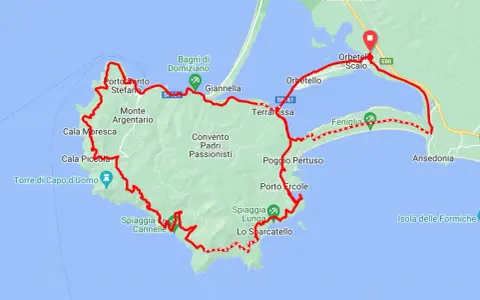 Mappa delle piste ciclabili dell'Argentario, con itinerario che tocca Porto Santo Stefano, Giannella, Orbetello, Feniglia e Porto Ercole.