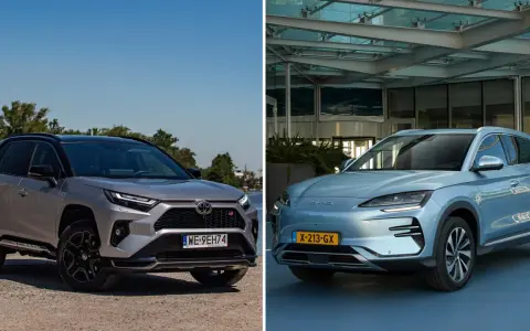 Dwa SUV-y: srebrny Toyota RAV4 i niebieski BYD Seal U.