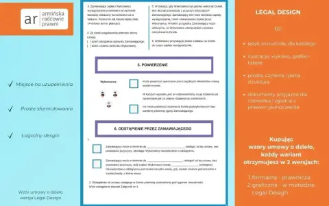 Wzór umowy o dzieło w wersji Legal Design: przejrzyste punkty, miejsce na uzupełnienia i łagodny design.