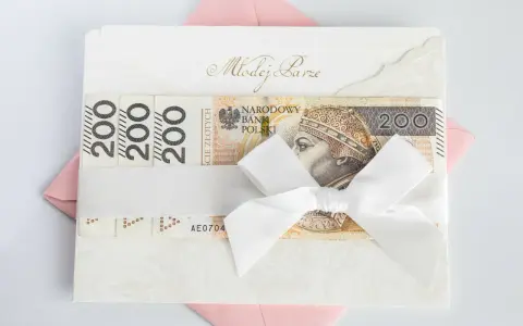 Elegancka koperta z banknotami 200 zł, przewiązana białą wstążką. Idealny prezent ślubny, choć warto pamiętać o potencjalnym podatku od prezentów ślubnych.